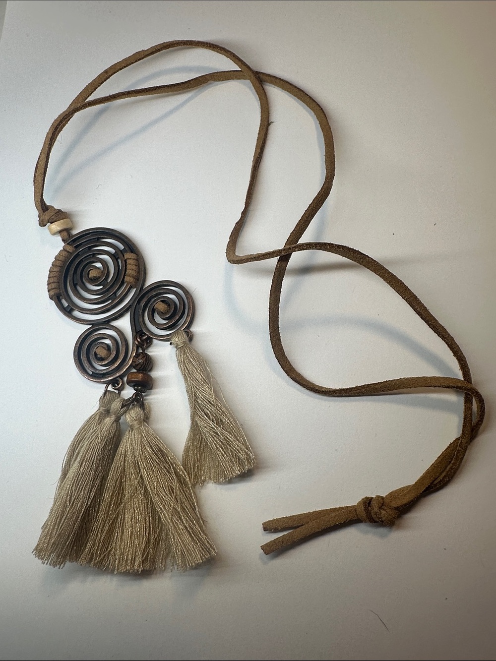 Boho Spiral Tassel Necklace in Taupe and Brown